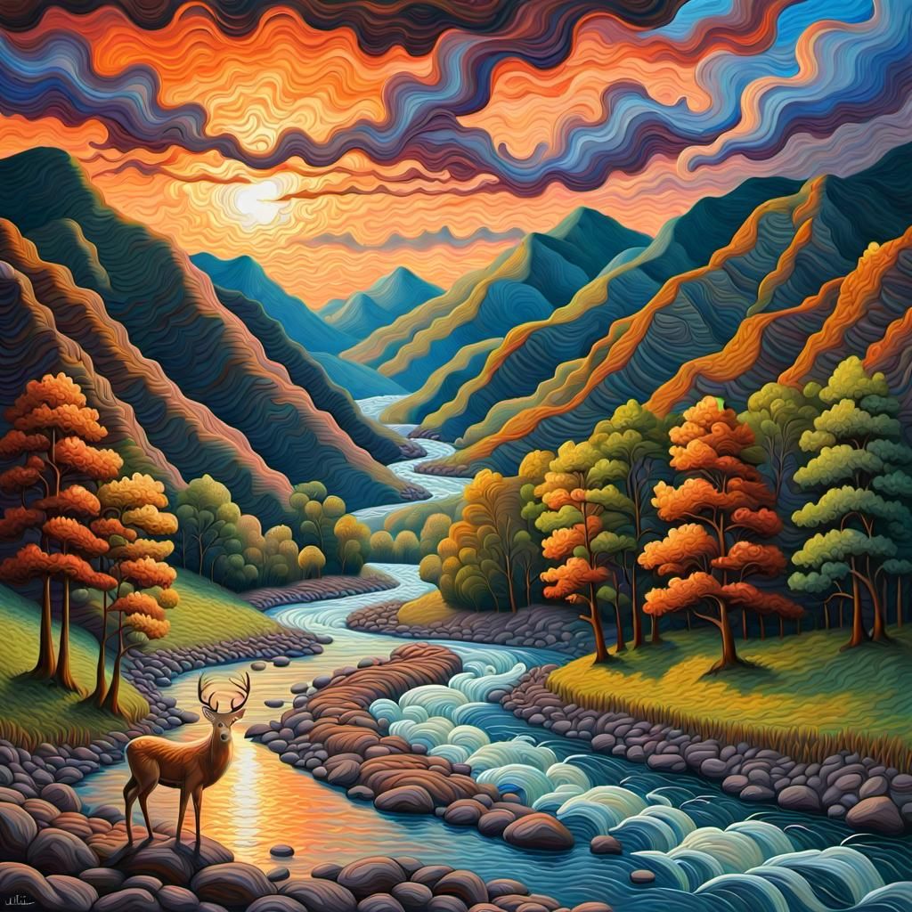 Appalachian Sunset: Deer at River in Expressionist Style