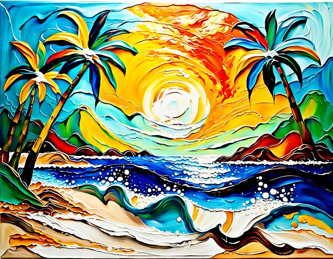 Tropical Beach Sunset in Abstract Expressionist Impasto