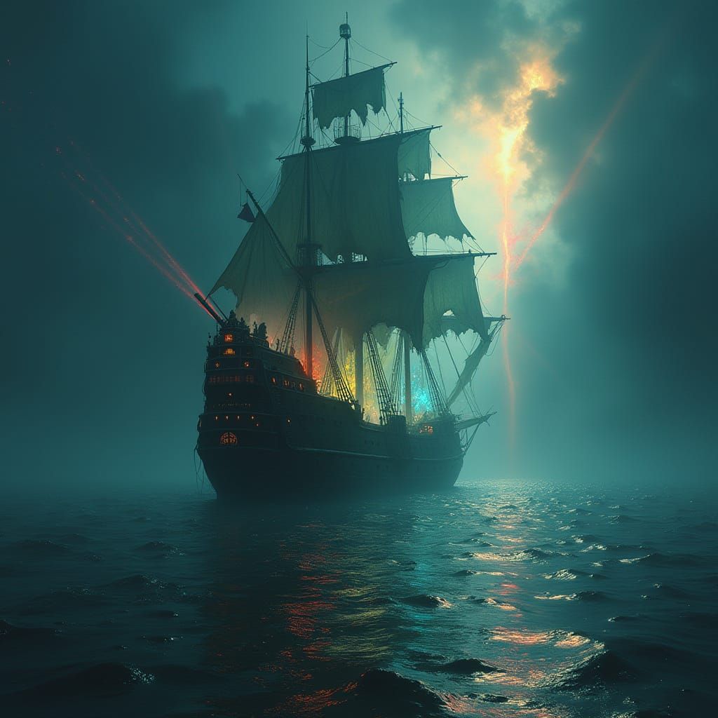 Ghostly Galleon Sailing Through Prismatic Sea