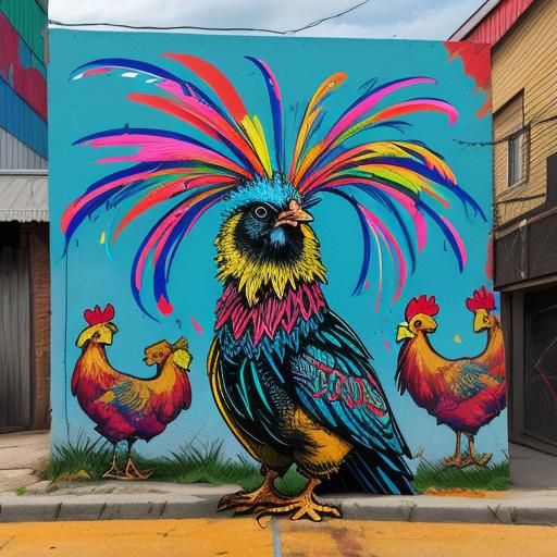 Trivia Host Chicken in Vibrant Street Art Style