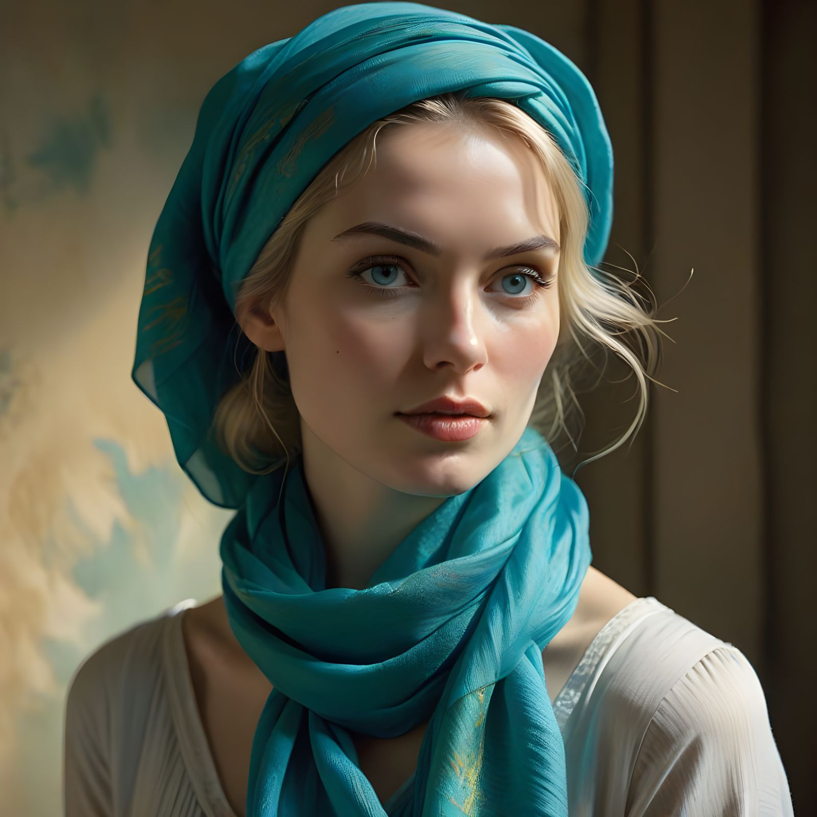 Ethereal Blonde Goddess in Vibrant Cyan Regalia