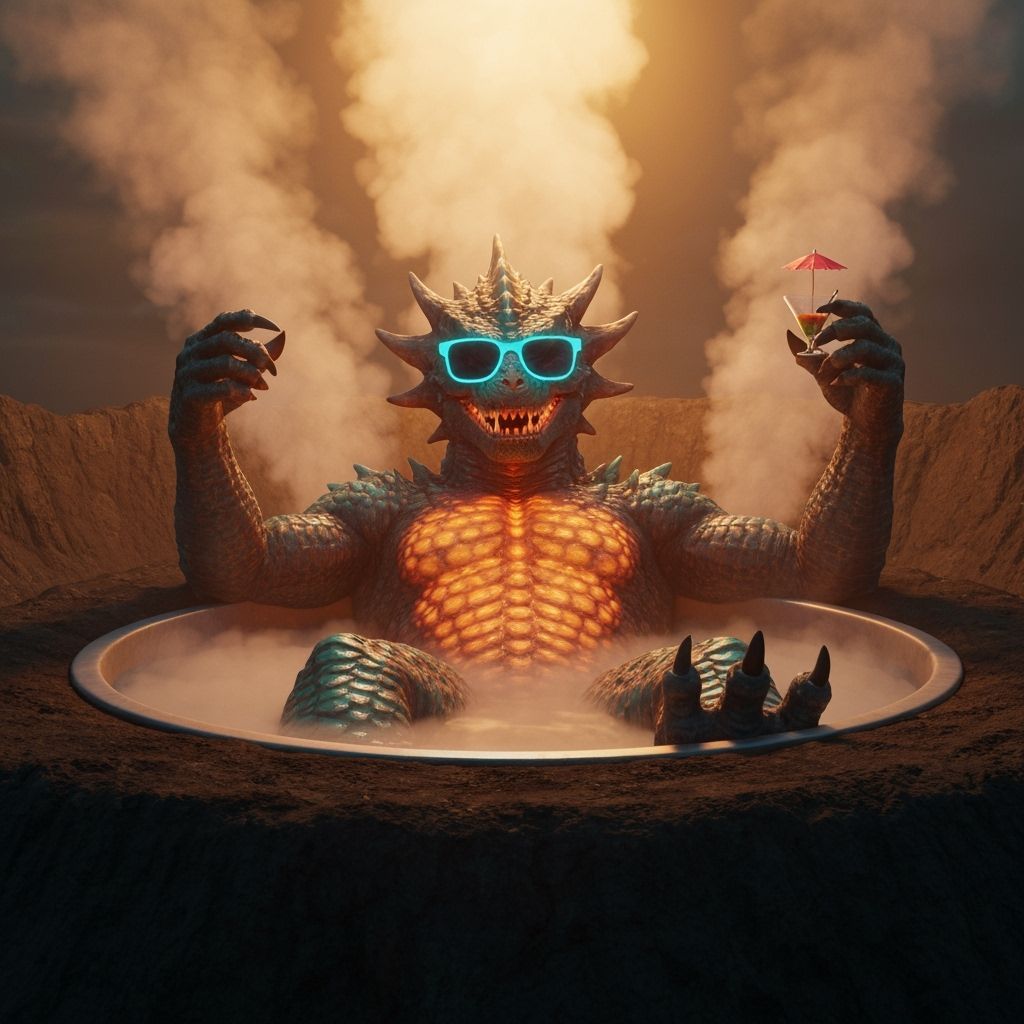 Kaiju Monster Enjoys Volcano Hot Tub in Golden Hour