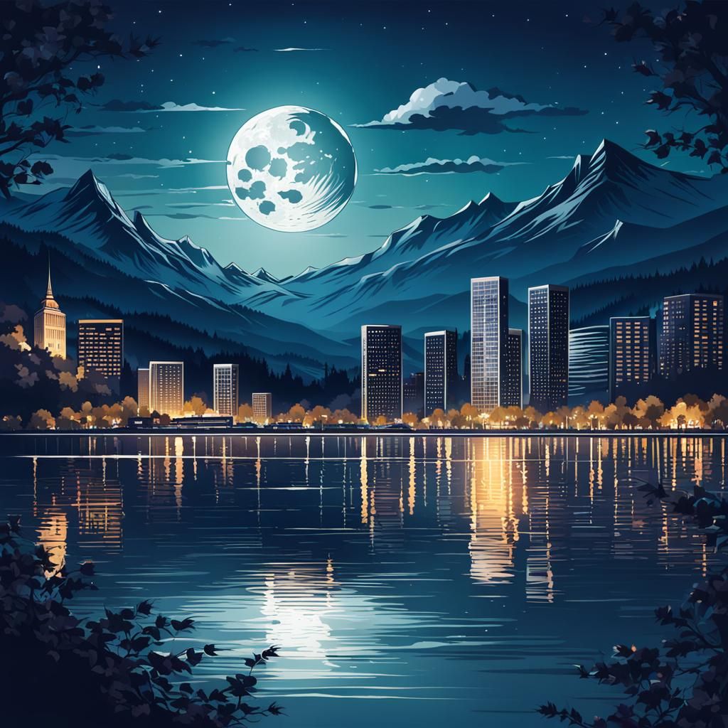 Romantic Night Cityscape with Lake and Moon