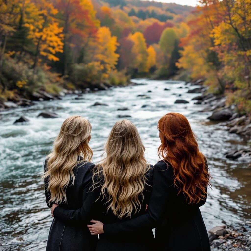 Women by River Watching Fall Colors, Cinematic Film Still