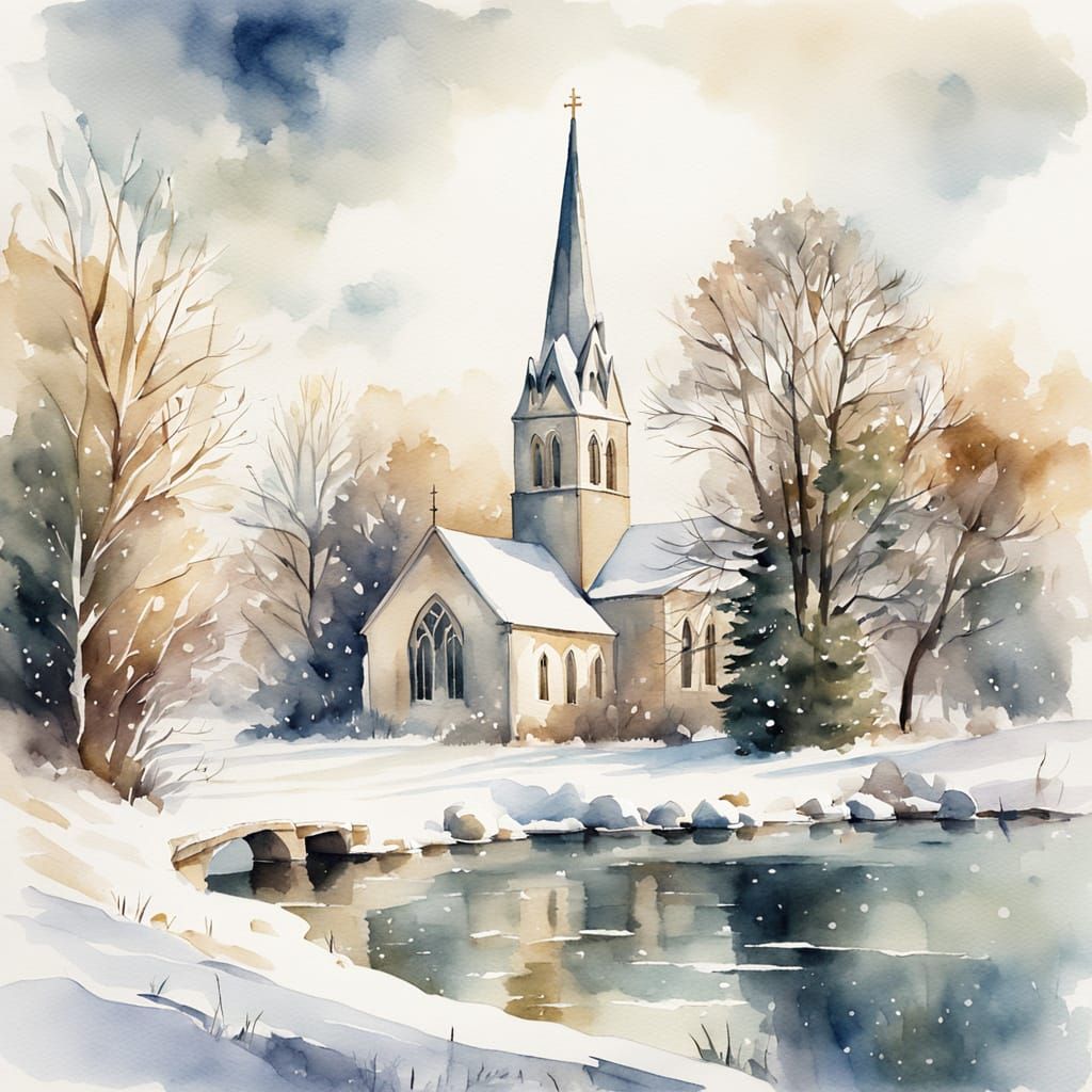 Serene Watercolor of Falmer Church in Winter Snow