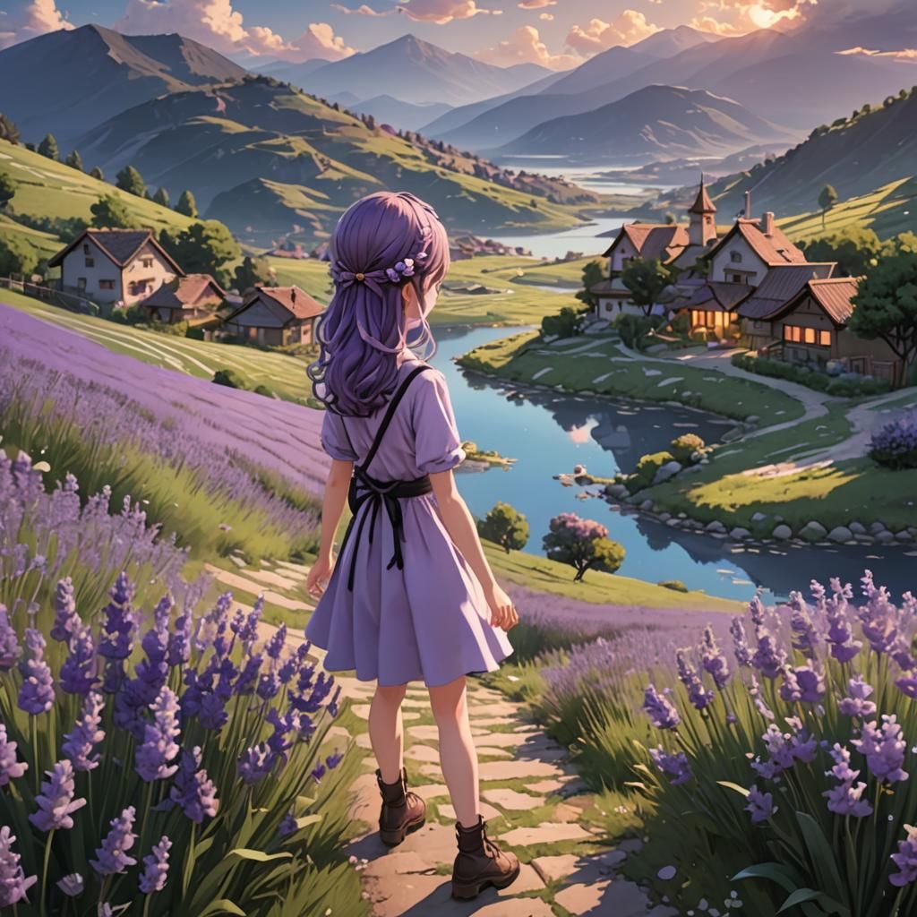 Lavender Field with Girl: 3D Anime Art