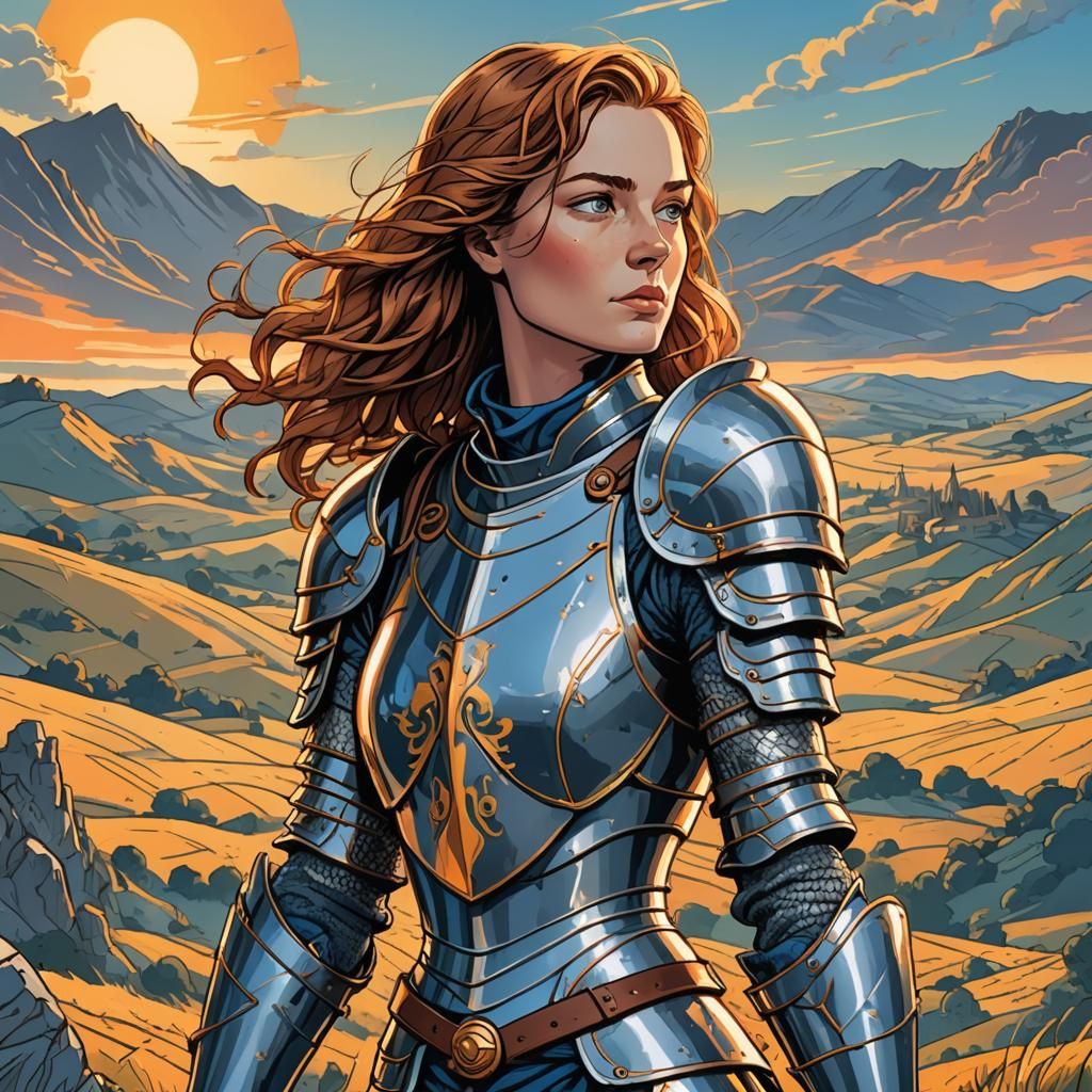 Strong Female Knight in Vibrant Cartoon Armour