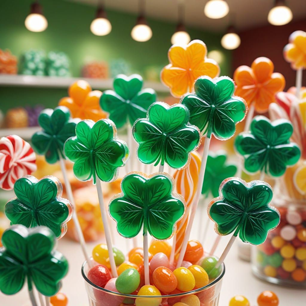 Green Shamrock-shaped Lollipops in a Candy Store