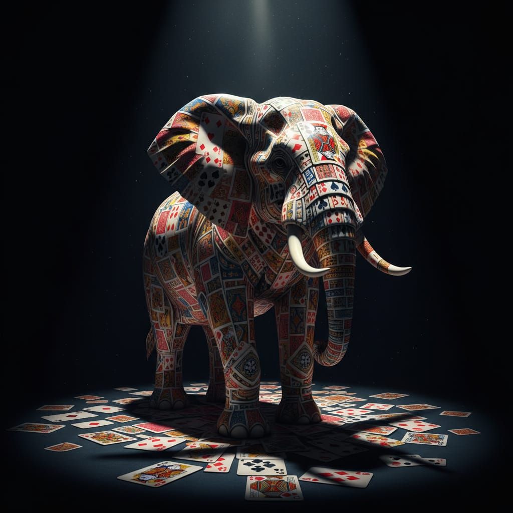 An elephant made out of playing cards.
