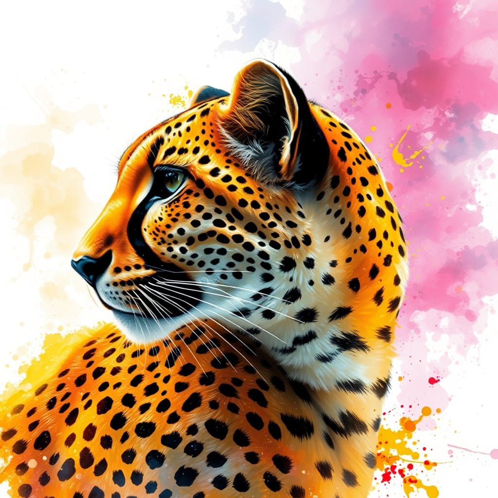 An extremely detailed and hyper-realistic A 3D alcohol ink artwork, a mysterious majestic cheetah head side profile. The...