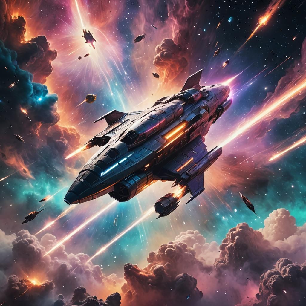 Spaceship Soaring Through Nebula: Sci-Fi Concept Art