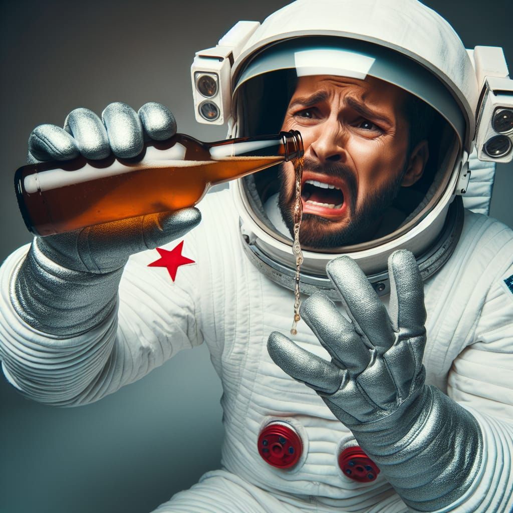 Austronaut trying to drink a beer in space