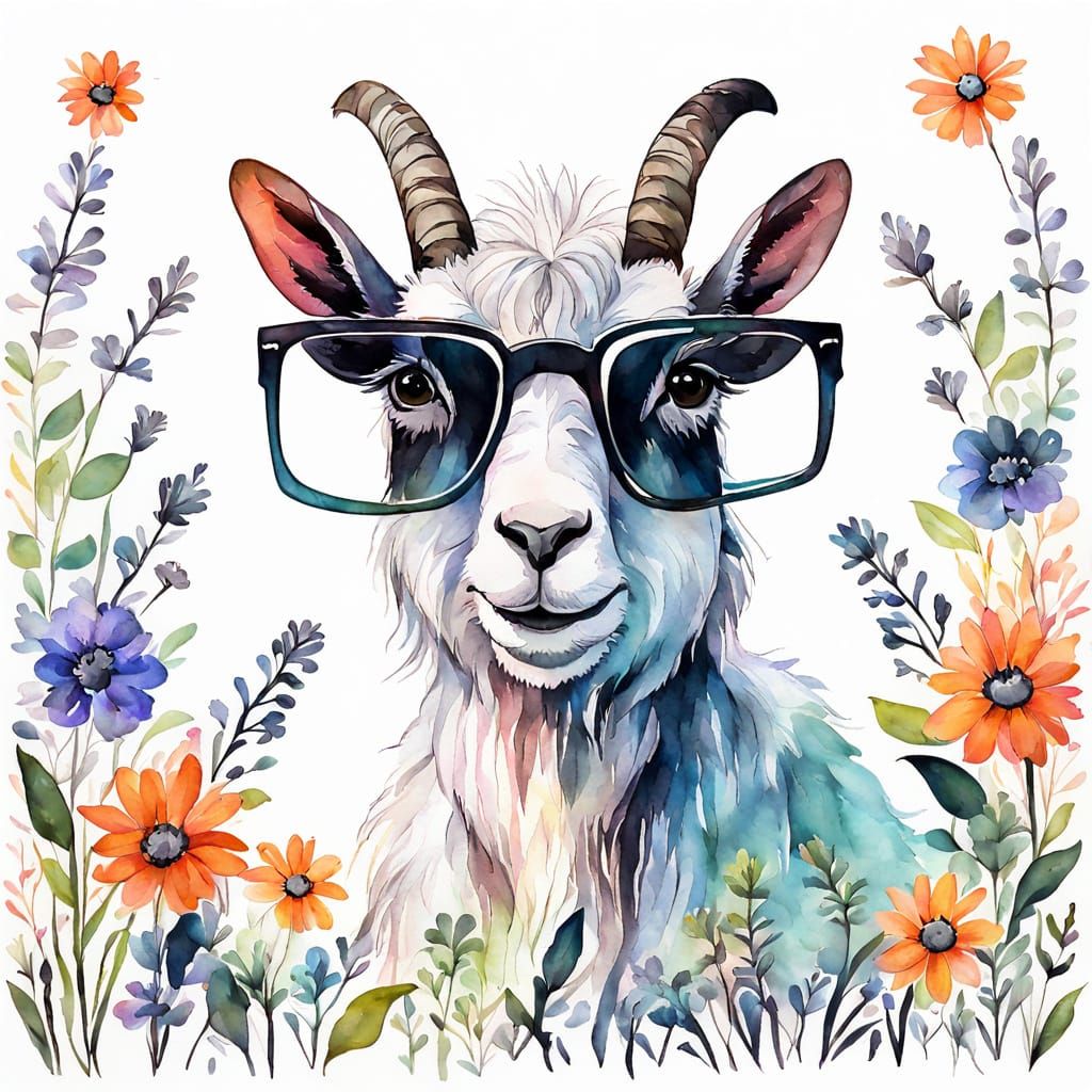 Whimsical Goat in Watercolor with Eyeglasses