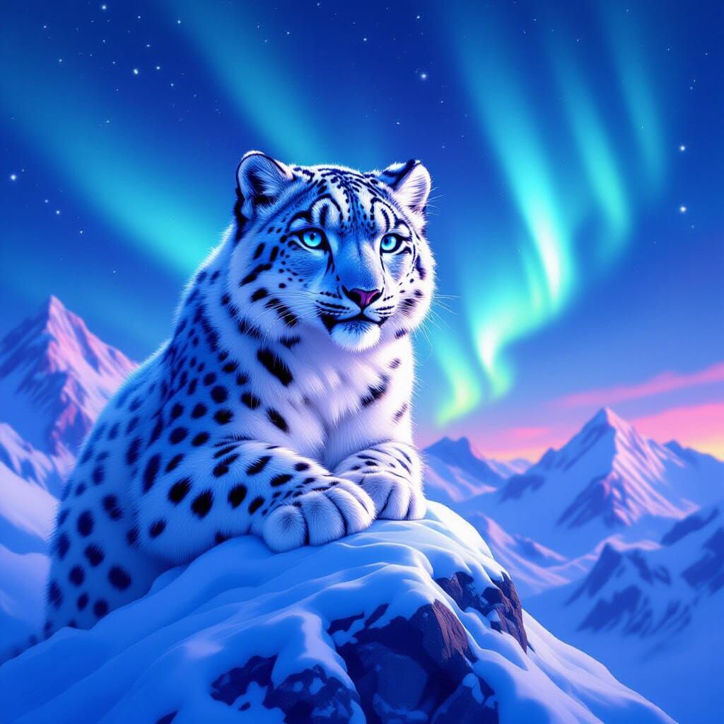 Snow Leopard on Mountain in Digital Painting Style