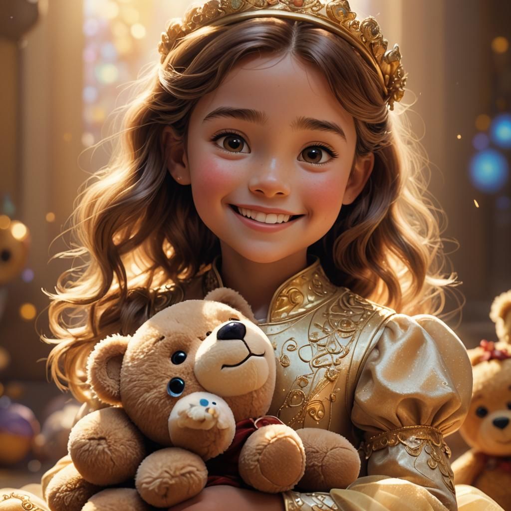 Cute Princess and Teddy Bear in Pixar Style