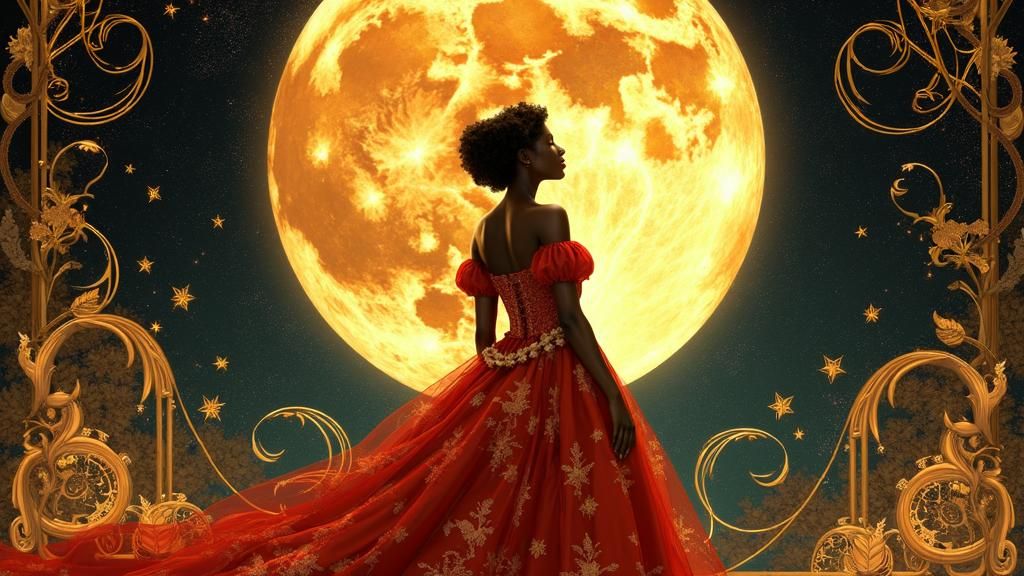 Black Woman in Art Nouveau Style Gown Gazing at Moon