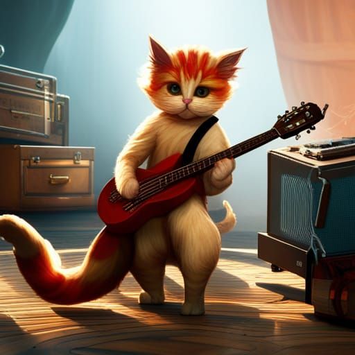 Cat Playing Guitar: Detailed Fantasy Art