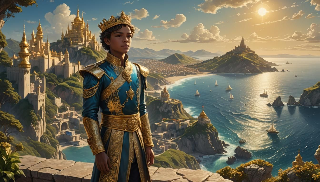 Majestic Ocean Kingdom with Golden Palace and Young Prince