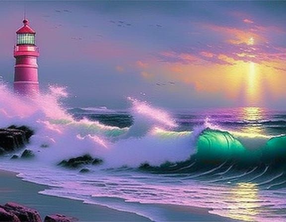 Lighthouse in Pink and Purple, Luminous Painting