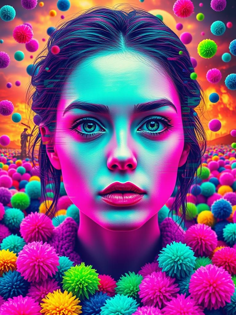 Glitch Portrait of a Woman with Colorful Pom-Poms