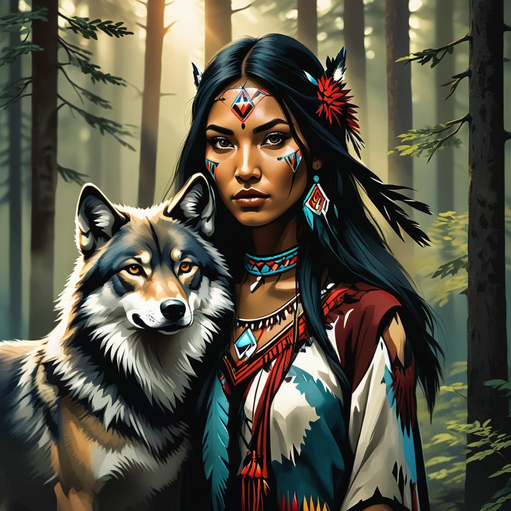 Native American Woman with Wolf: Digital Illustration