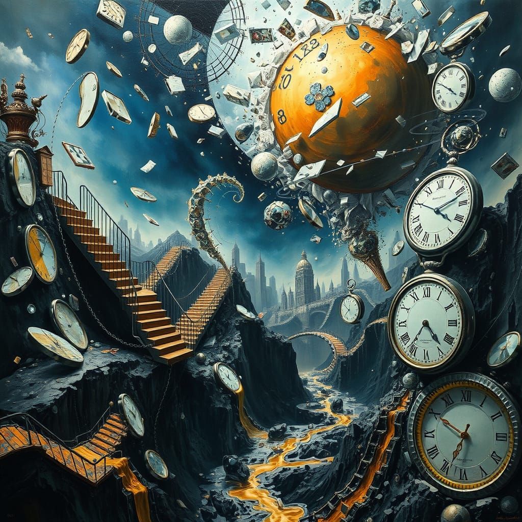 Surreal Landscape with Shattered Staircases and Melting Cloc...