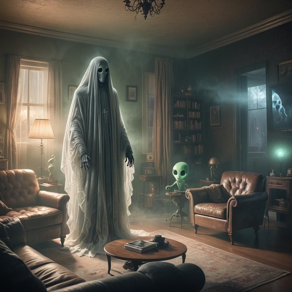 Ethereal Ghost and Alien Encounter in Dreamscape
