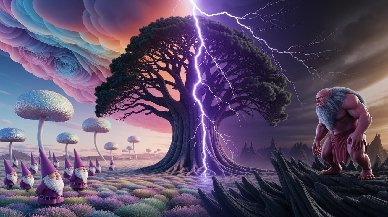 Contrasting Realms: Gnomes vs. Ogre Under Lightning