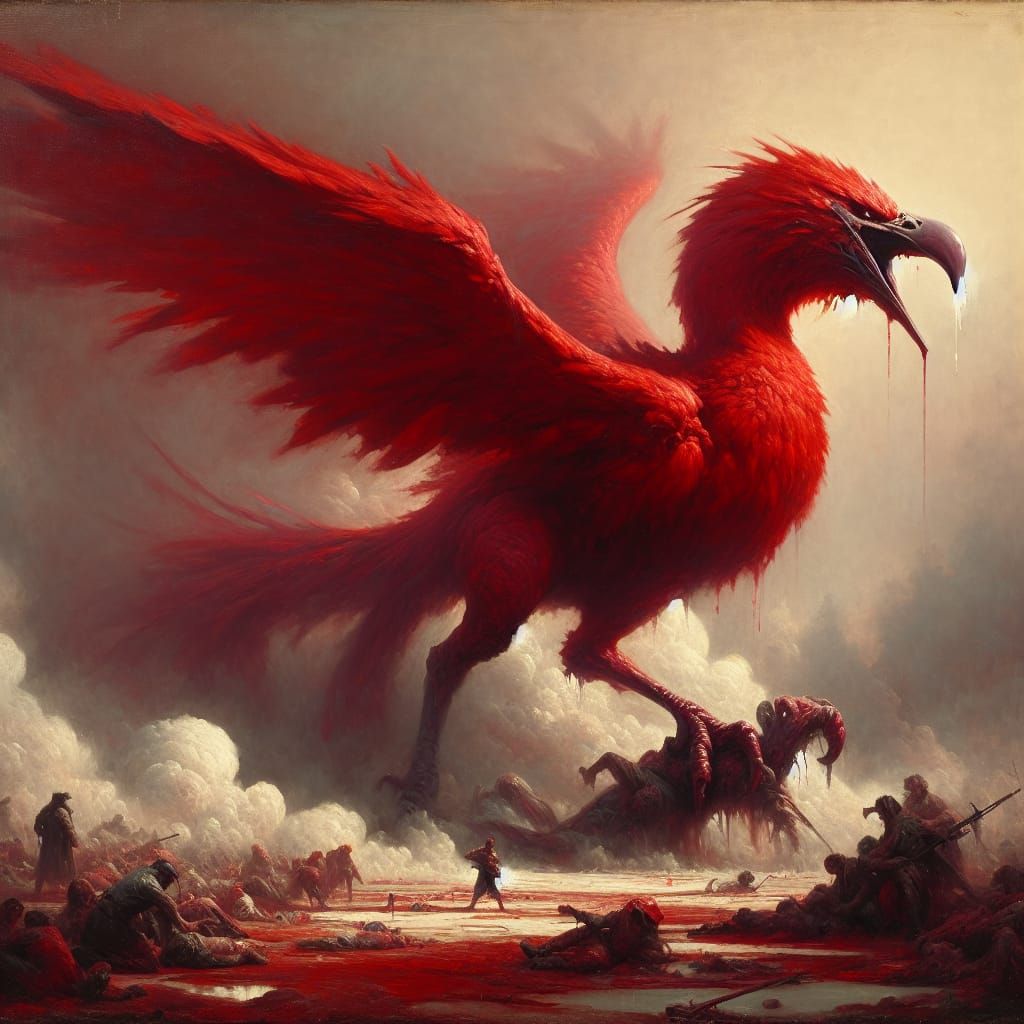 Victorious Crimson Liver Bird in Apocalyptic Setting