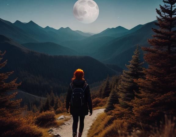Woman Walks Mountain Path Under Moonlight