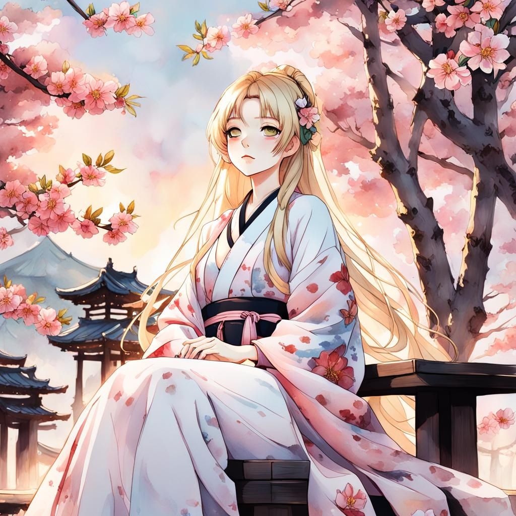 Blonde Woman on Sakura Tree in Anime Style