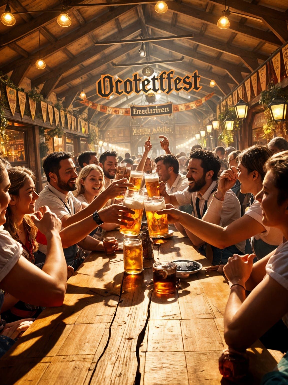 Oktoberfest Celebration in Beer Garden: Digital Illustration