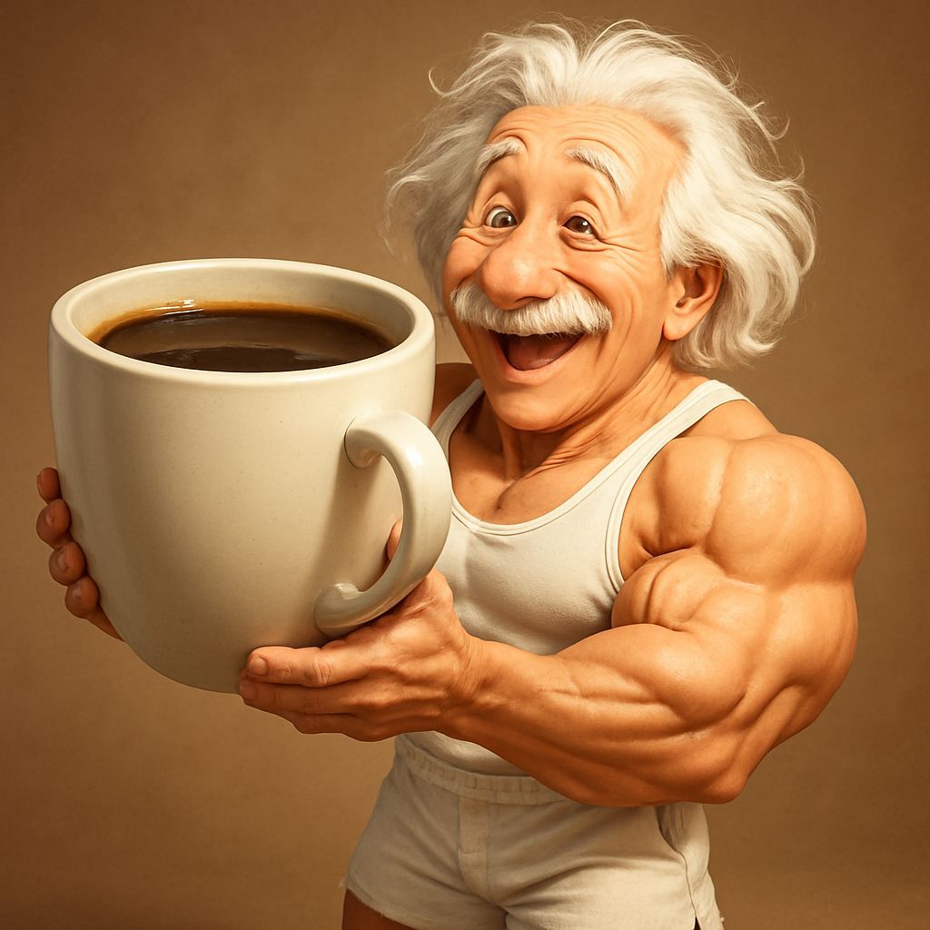Muscular Einstein Radiating Joy in Animated CGI Cartoon