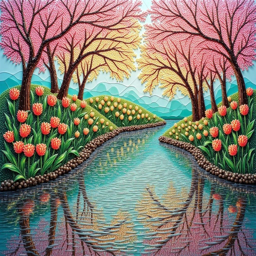 <lora:Pinny Pin v1-1:1.0> vibrant mosaic landscape featuring ferns and tulips reflected in rippling water. The pastel st...