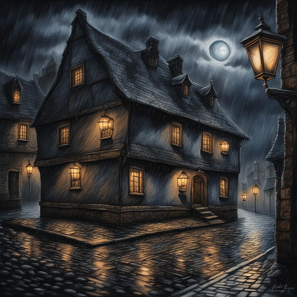 Creepy Medieval House in Rainy Street, Charcoal Drawing