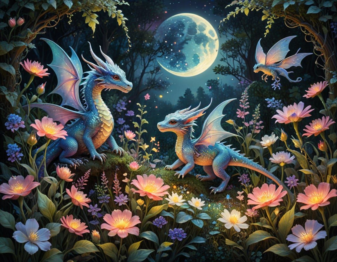 Whimsical Moonlit Fantasy Garden in Soft Aquarelle Pointilli...