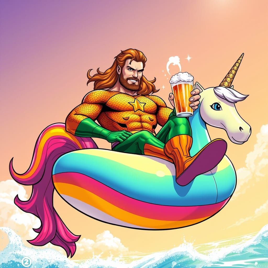 Aquaman on a Rainbow Unicorn Floatie with Beer