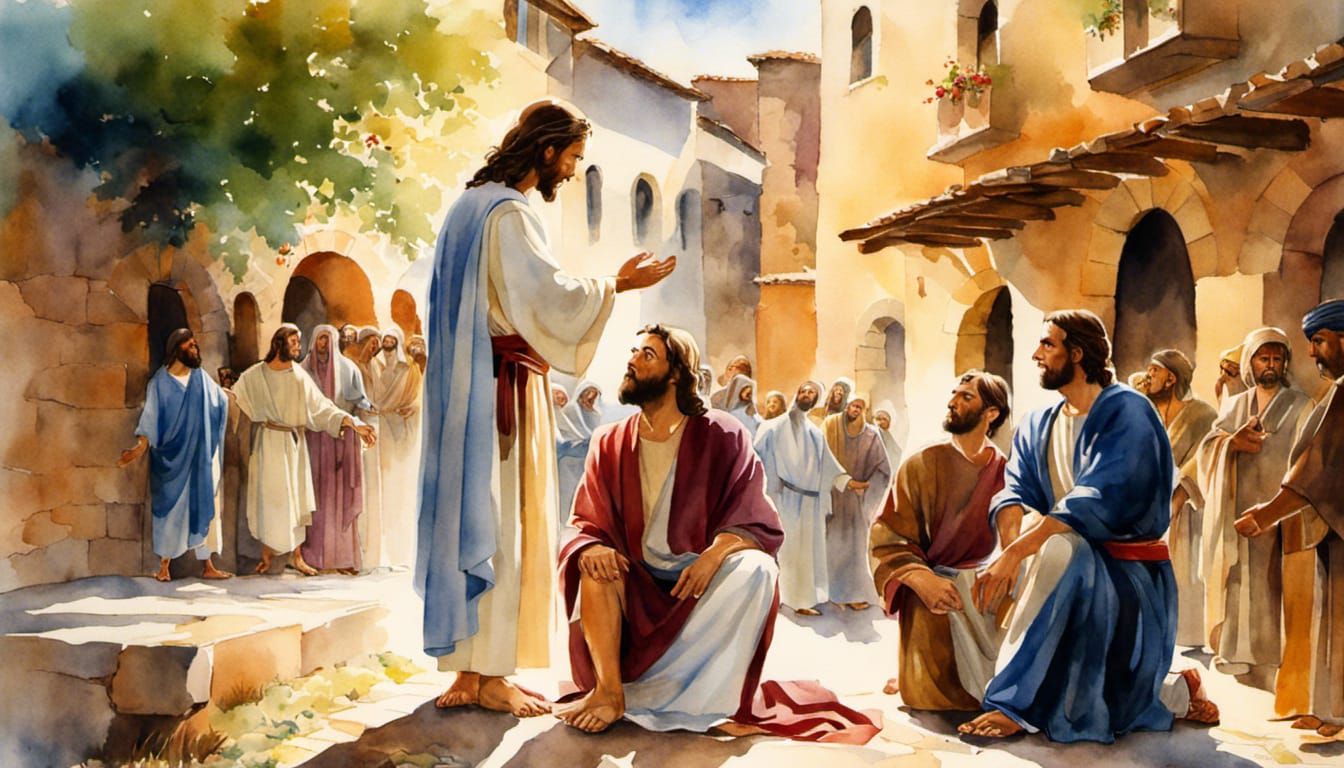 Jesus Heals a Blind Man: Watercolor Painting
