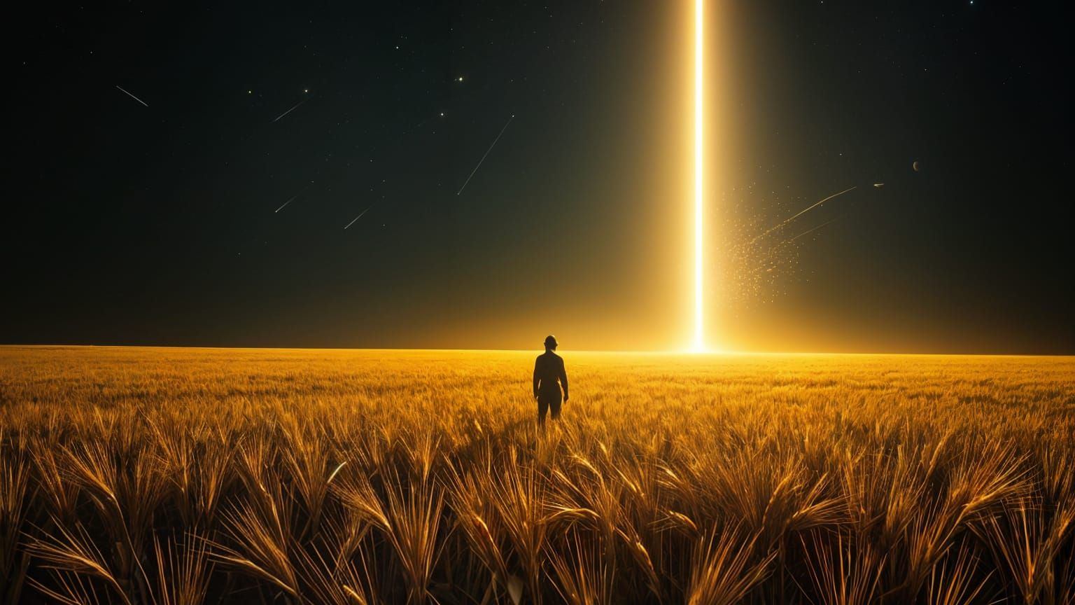 Ethereal Figure Watches Amidst Radiant Wheat Field