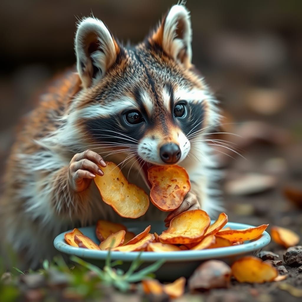 Raccoon Enjoying Potato Chips