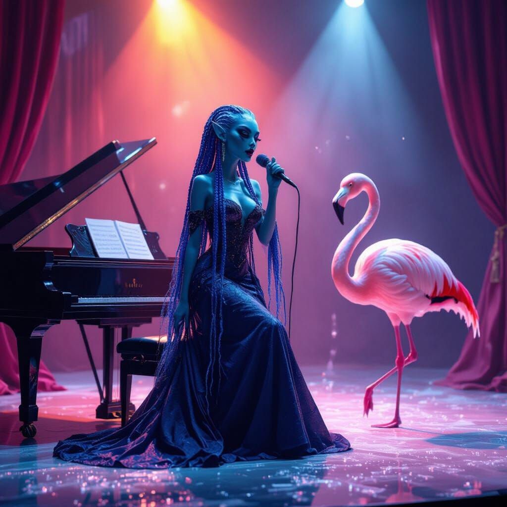 Alien Singer Performs on Stage with Ice Flamingo