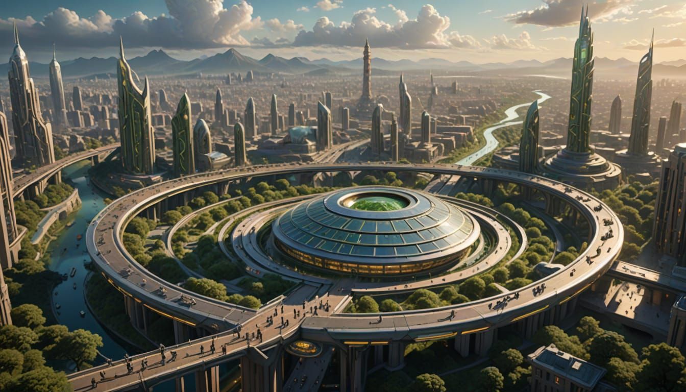 Futuristic City: Sun-Wheel Districts & Snake Bridges