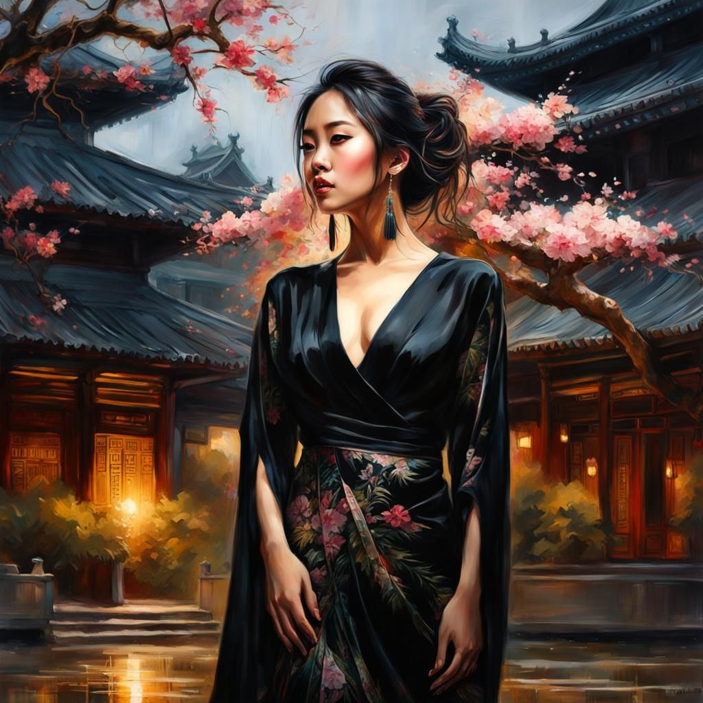 Asian Woman in Black Silk Dress at Sunset