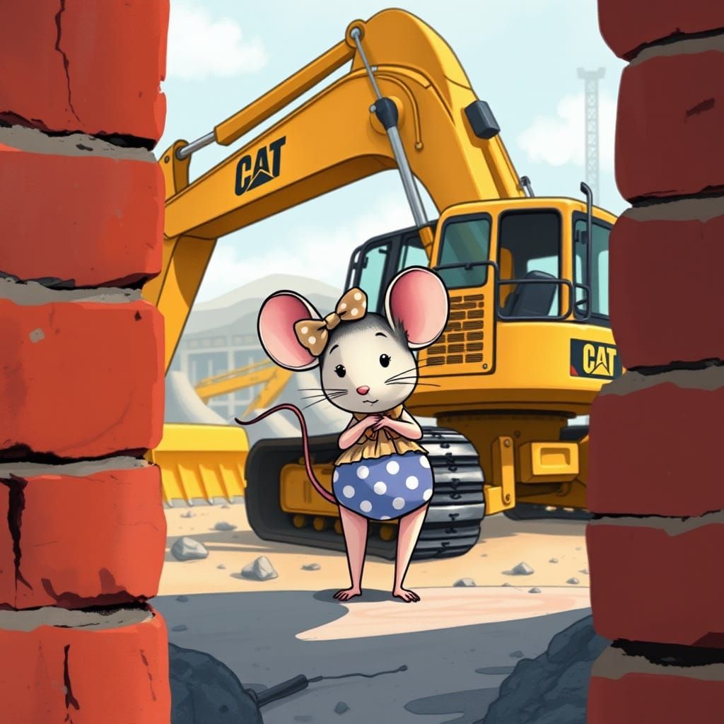 Shy Mouse and Giant Excavator in Whimsical Illustration
