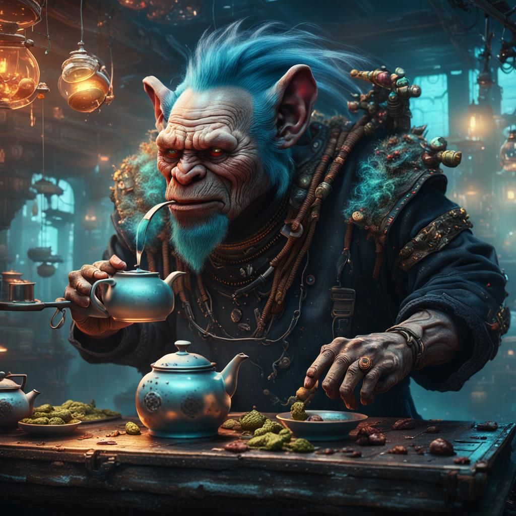 Cyberpunk Troll Brewing Tea: Detailed Digital Art
