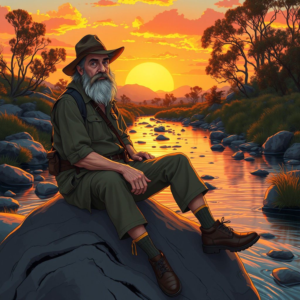 Contemplative Geologist at Sunset: Ghibli-Inspired Digital A...