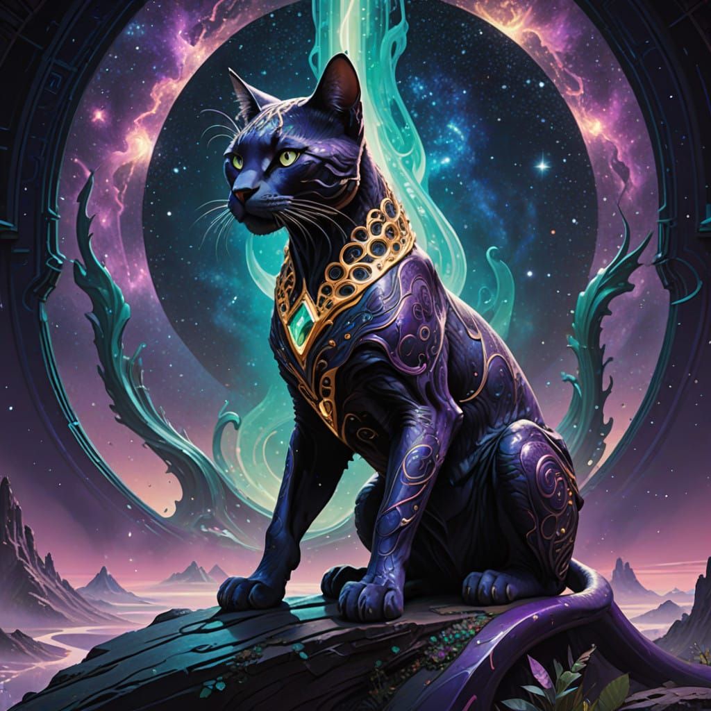 Cosmic Serpentine Cat with Celestial Rider