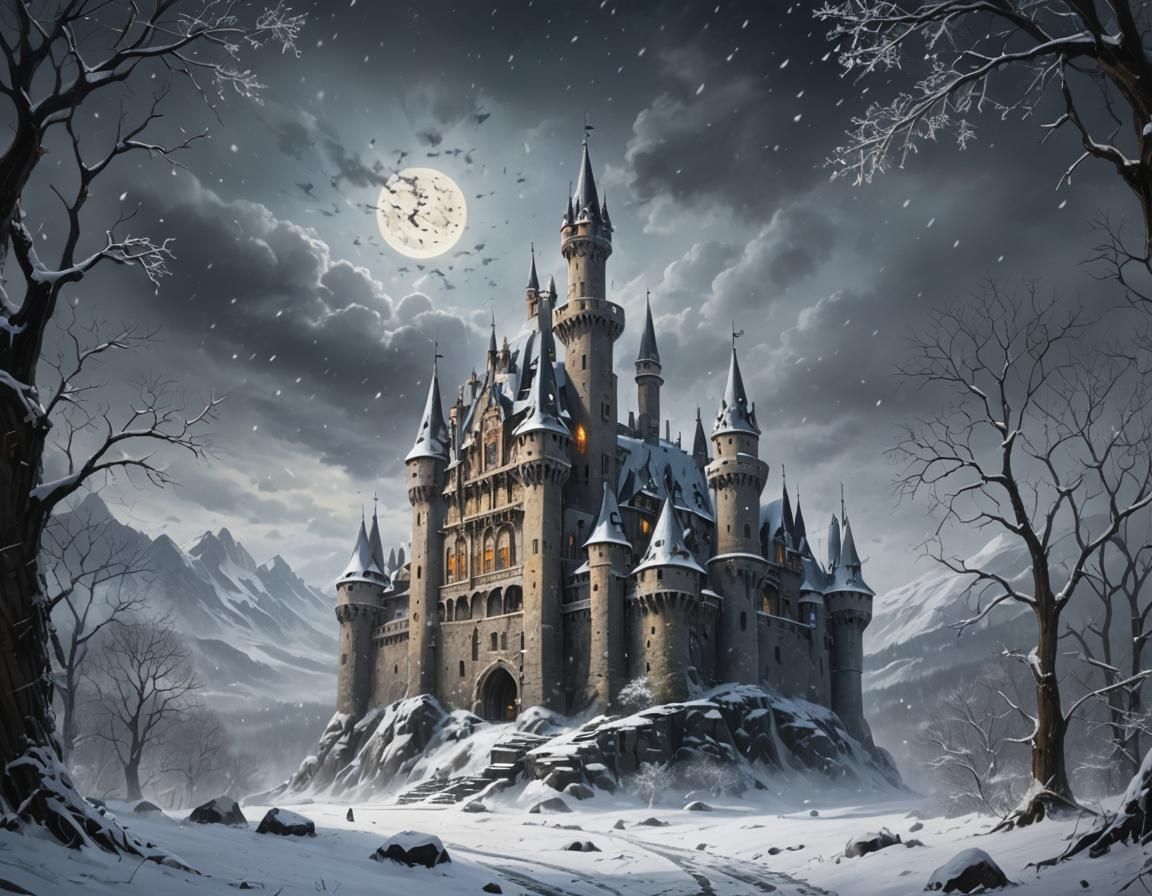 Inside is a haunted castle, snowflakes flutter, the background depicts an unreal landscape.