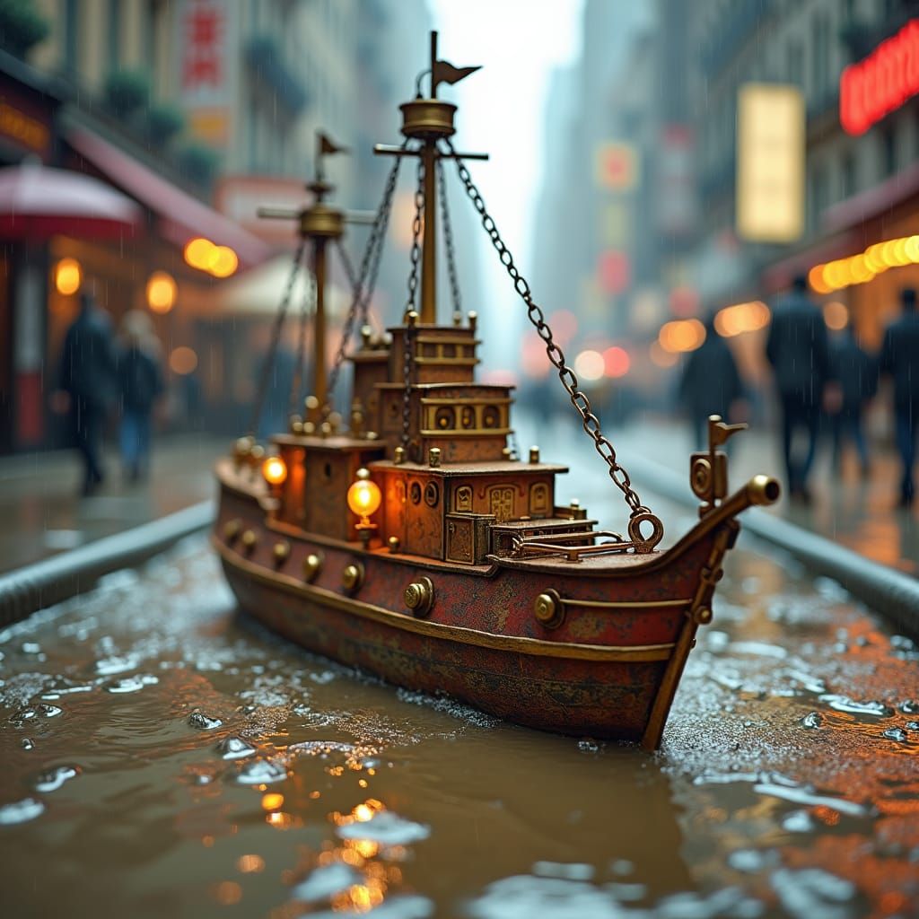 Steampunk Battleship Sails Muddy Puddle in Digital Art