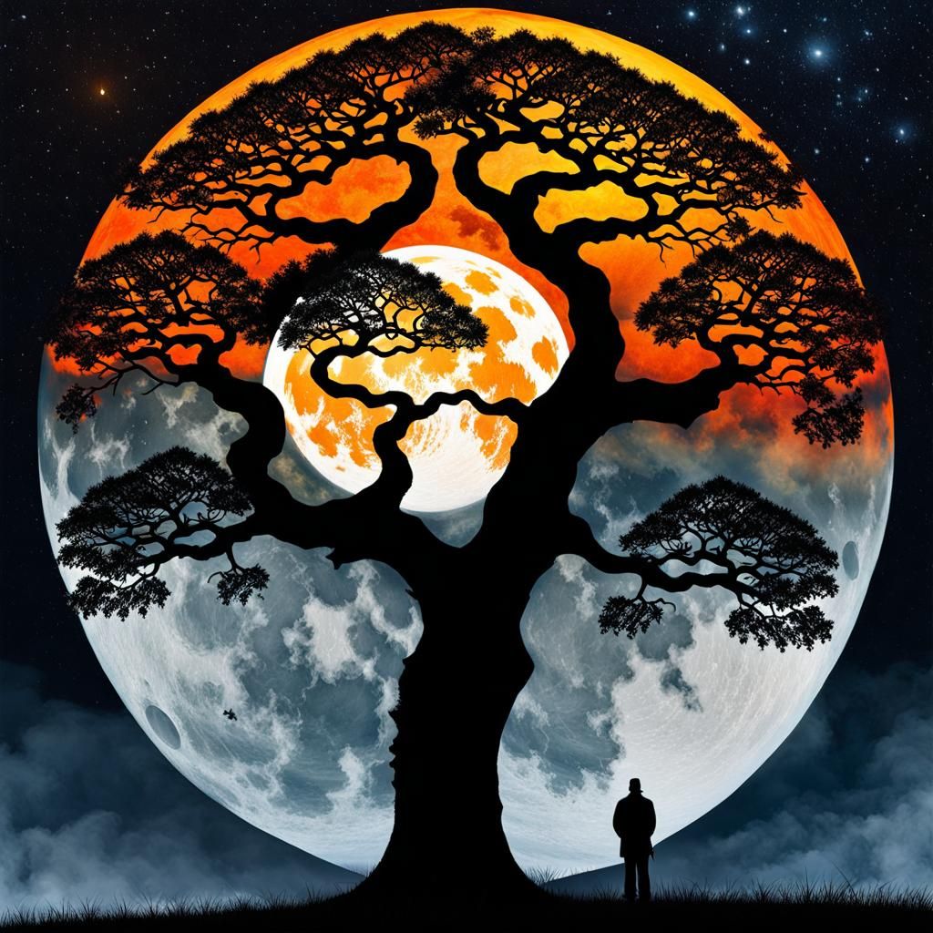 Yin Yang Tree Inside Moon as Ink Painting